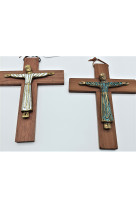 Christ bronze emaille sur croix bois / 19 cms