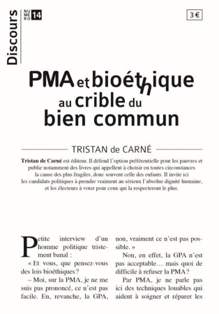 DISCOURS N 14 - PMA ET BIOETHIQUE AU CRIBLE DU BIEN COMMUN - DE CARNE TRISTAN - NC